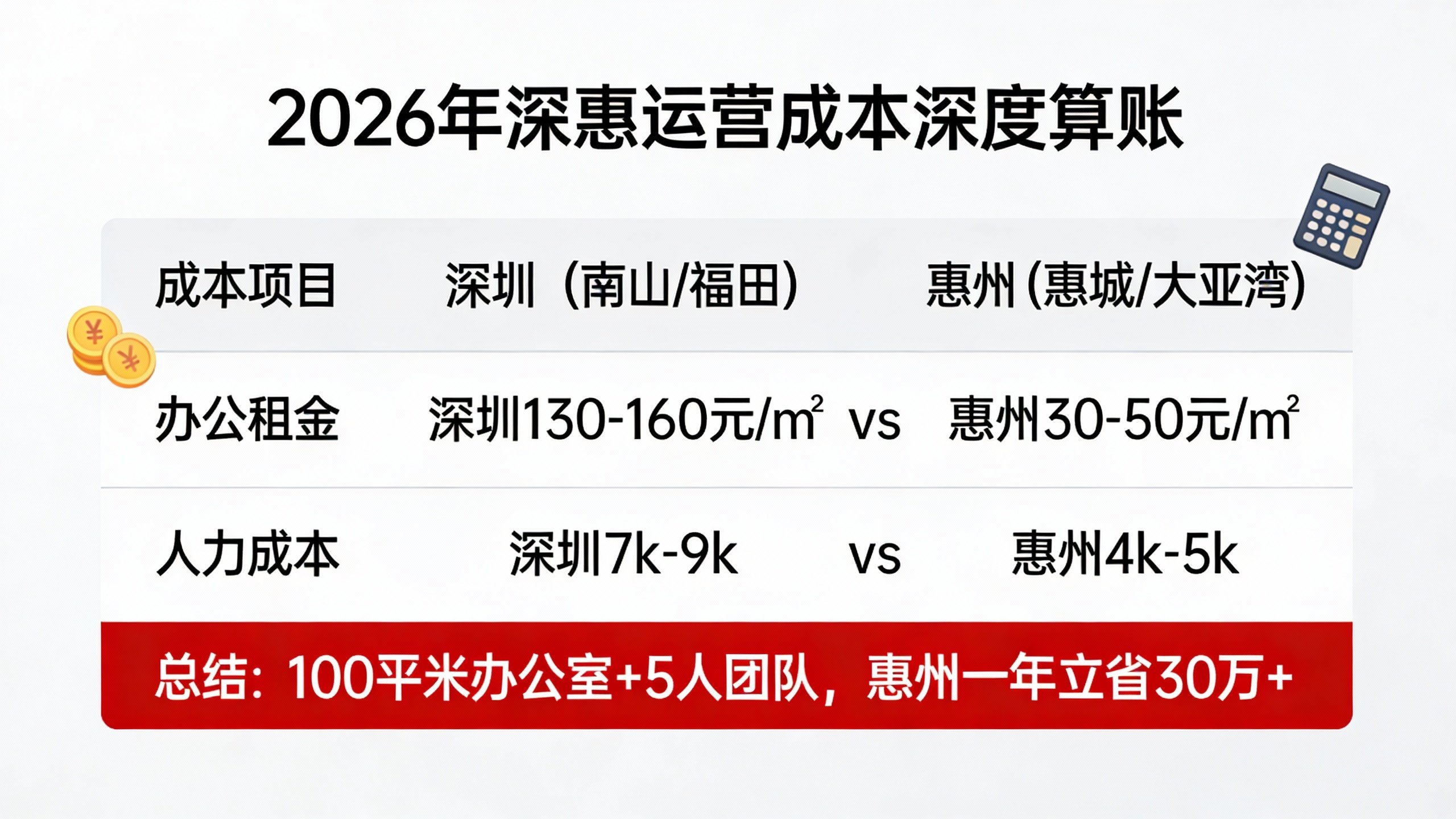 2026年深圳与惠州公司运营成本详细对比表